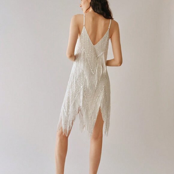 White Party Women's Spaghetti Strap Sequin V-Neck Tassel Slit Hem Dress - Picture 2 of 8